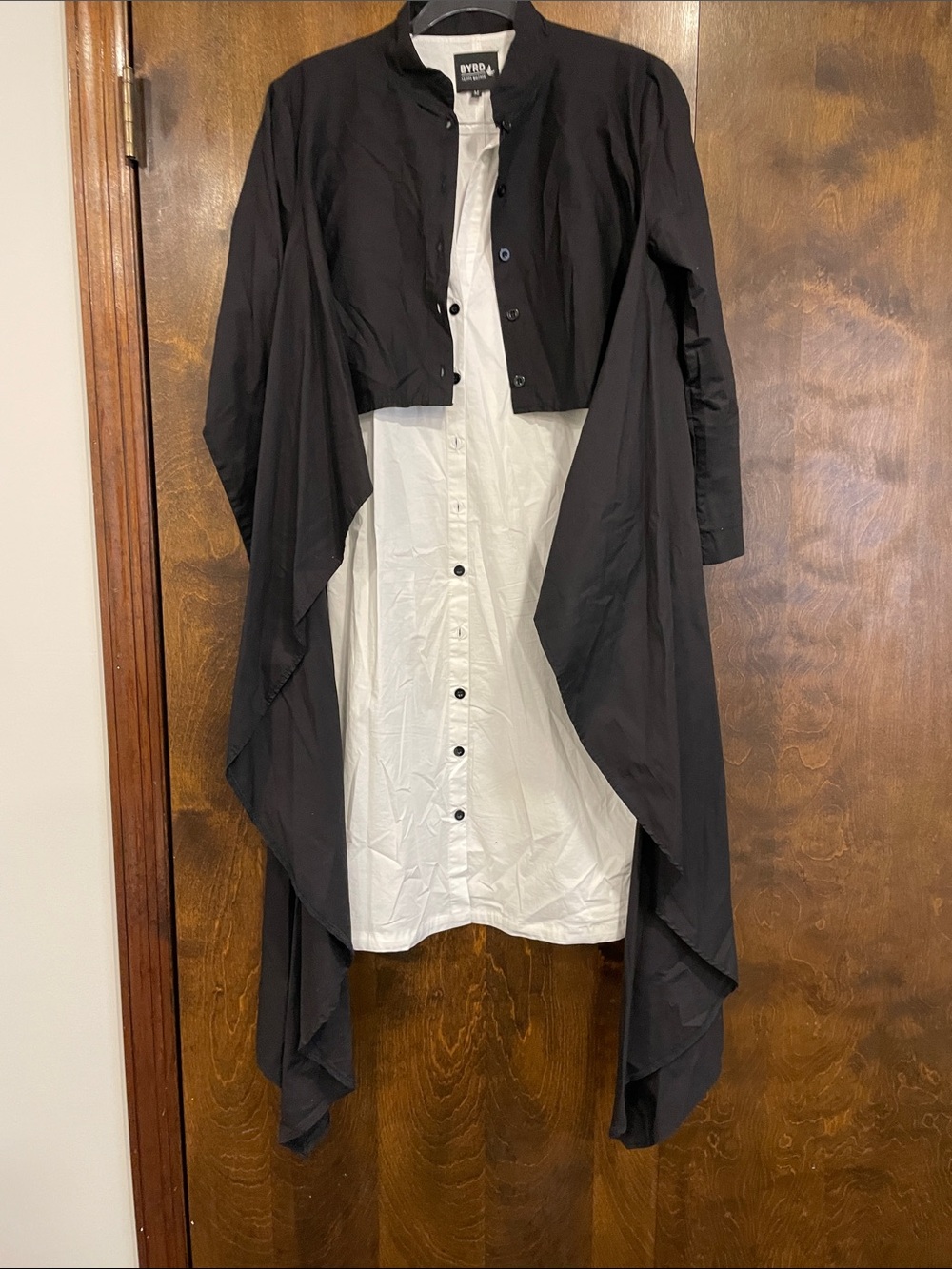 Byrd by Nora Black Draped Open Jacket Over White Shirt Dress